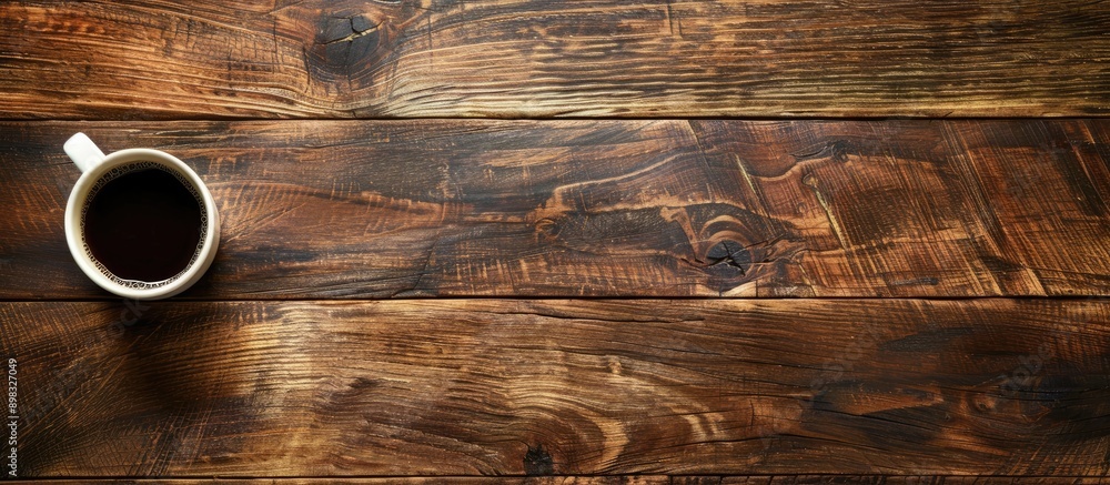 Poster coffee cup resting on a wooden table with an empty space for text or images suitable for background 