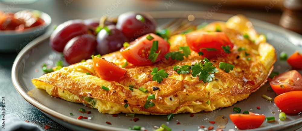 Poster Delicious breakfast featuring an omelet garnished with tomato and grape on a plate with a generous amount of copy space for an image