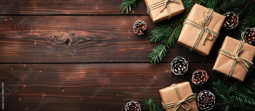 Poster christmas atmosphere with gift boxes fir tree branch on wooden table creating a festive background w