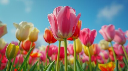 Vibrant Field of Tulips Under a Clear Blue Sky