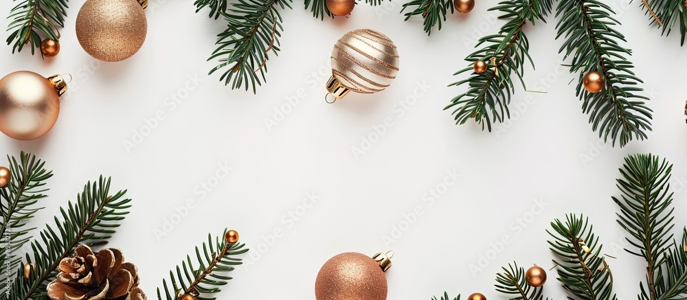 Poster top down view of golden ornaments and spruce leaves on a white backdrop creating a visually appealin