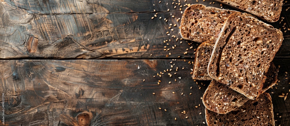 Poster Chunks of seeded brown bread are sliced on a rustic wooden surface providing a picturesque backdrop for a copy space image