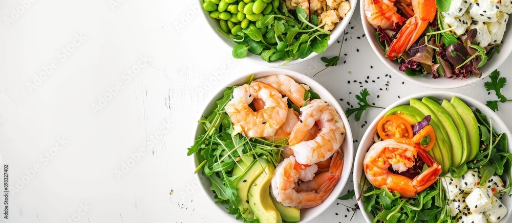 Poster A collection of salads featuring avocado prawns shrimp and greens in bowls on a white backdrop seen from above with space for text or images. Creative banner. Copyspace image