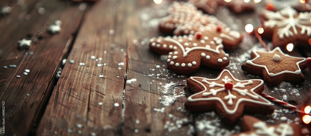 Aufkleber image of christmas gingerbread cookies on a wooden table with vignetting effect and space for text o