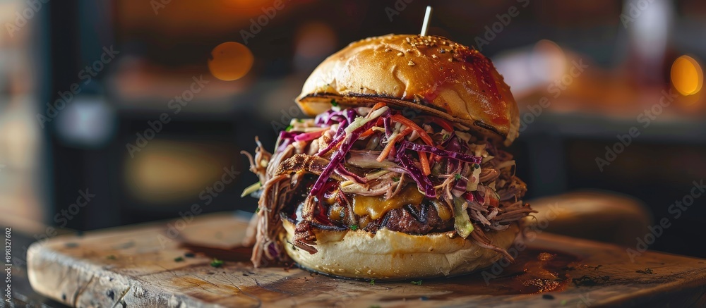 Poster Delicious gastro pub pulled pork bun with coleslaw perfect for any menu with copy space image