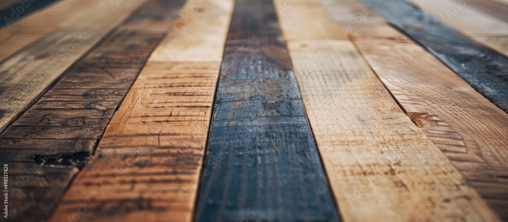 Aufkleber close up of a striped wooden table displaying an aged wood texture as the background for a copy spac