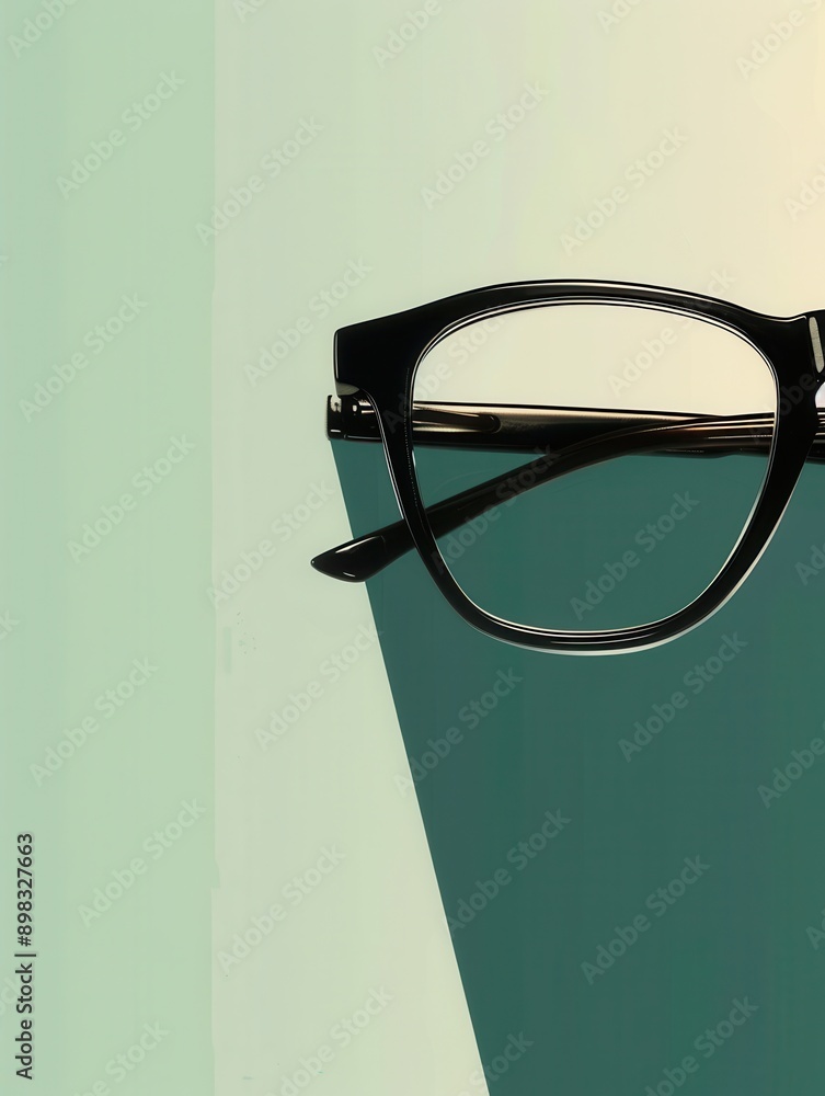 Fototapete Black eyeglasses with a gold nose bridge rest on a green surface. The eyeglasses are tilted slightly, casting a long shadow on the surface. The background is a lighter green. Generative AI