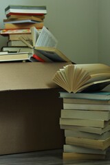 Books in a cardboard box, book, school, education, knowledge, free space, copy space, background