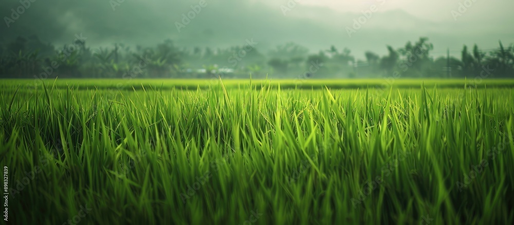 Poster capture a detailed view of a lush green paddy rice field as a backdrop in the copy space image
