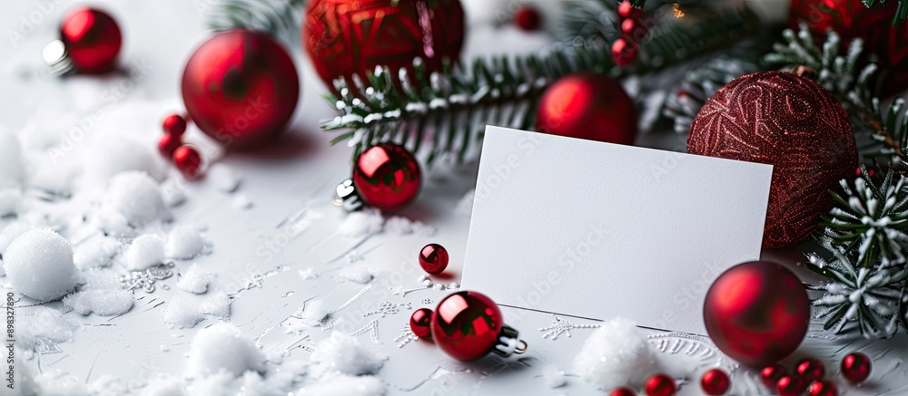 Poster close up composition featuring christmas balls and a blank card on a white background include copy s