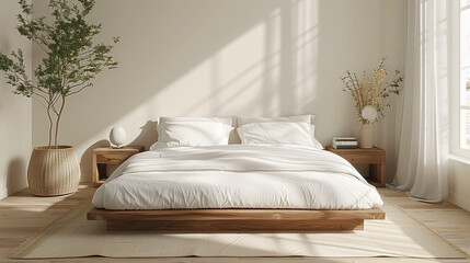 Fototapeta premium Minimalist bed frame and clean linens, bright bedroom with neutral colors and uncluttered space.