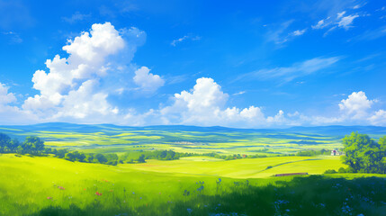 Obraz premium Expansive grassy fields beneath a blue sky with white clouds, wide format.