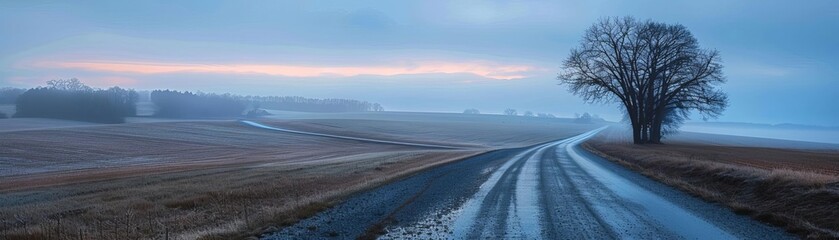 A professional photo of a rural road at blue hour, capturing the soft lighting and peaceful atmosphere.