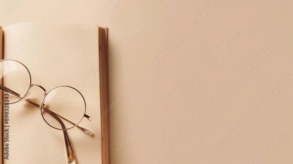 Leinwandbilder round eyeglasses rest on the edge of an open book against a tan background. generative ai