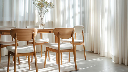 Minimalist decor and high-quality detail on a wooden dining table, bright white dining room.

