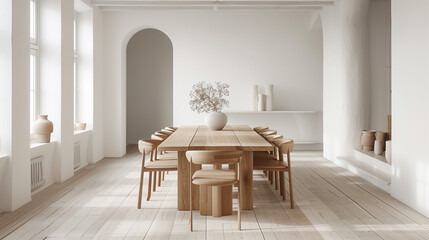 Bright white dining room with an elegant wooden table and minimalistic chairs, clean and modern.

