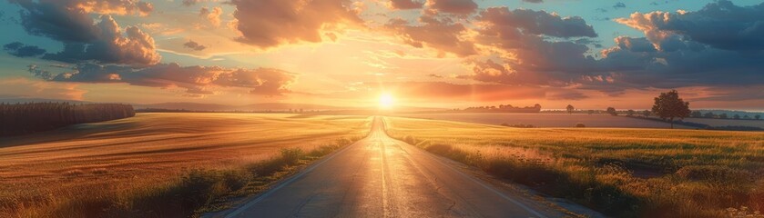 Fototapeta premium A countryside road at golden hour, artistic shot, soft lighting creating a serene atmosphere.