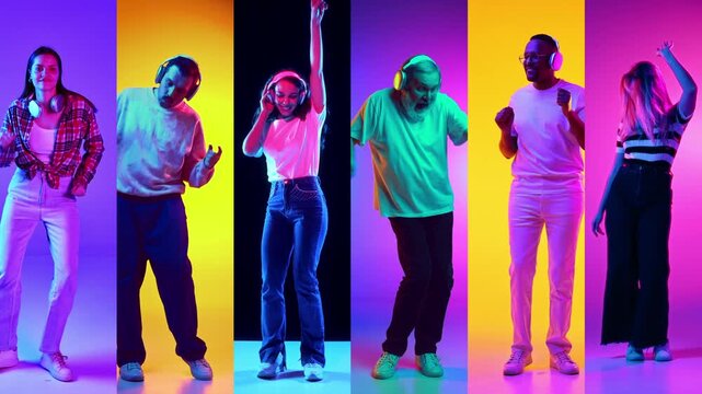 Collage made of different people, men and women of various age, listening to music in headphones and dancing against multicolored background in neon light Concept of human emotions, facial expression