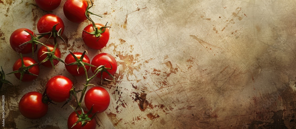 Poster cherry tomatoes arranged on a textured background of a kitchen table showcasing fresh organic produc