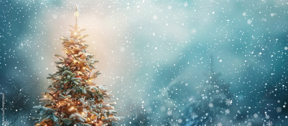 Poster christmas tree evoking nostalgia surrounded by snowflakes with a blank area for additional image or 