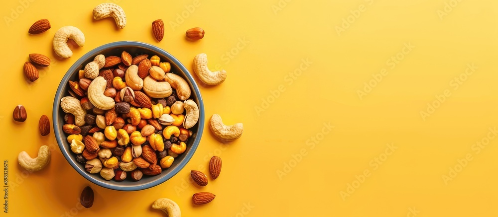 Poster Flat lay composition of delicious nuts arranged in a bowl on a yellow backdrop with ample copy space image