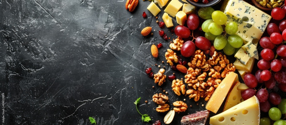 Leinwandbilder Cheese arrangement with nuts and grapes shot from above with ample free copy space for text or design elements in the image