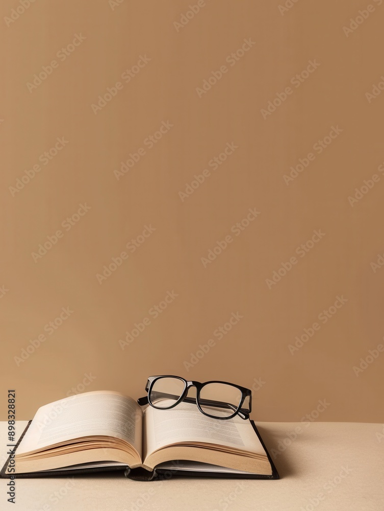Aufkleber a book lies open on a table, with a pair of black glasses resting on the pages. the background is a 