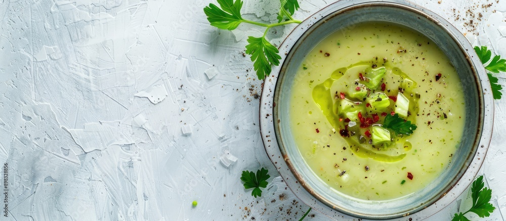 Poster Cabbage soup in a bowl on a white stone surface with copy space image for a top down view showcasing its presentation