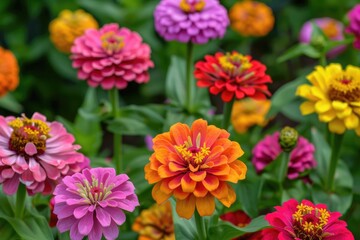 Assorted vibrant flowers in a garden, Zinnia garden bursting with color, AI generated
