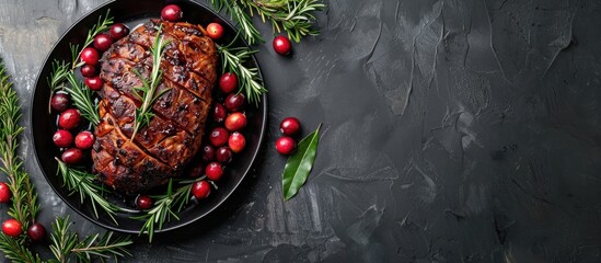 Top down view of cranberry and orange glazed pork on a dark kitchen table with copy space for an image