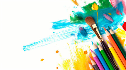 Wallpaper of colorful splash paint and brushes for back to school concept. Stories for social media of abstract background for sale flyers.