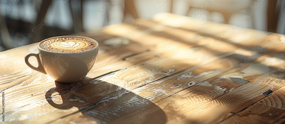 Poster cappuccino on wooden table showcasing latte art background provides copy space image