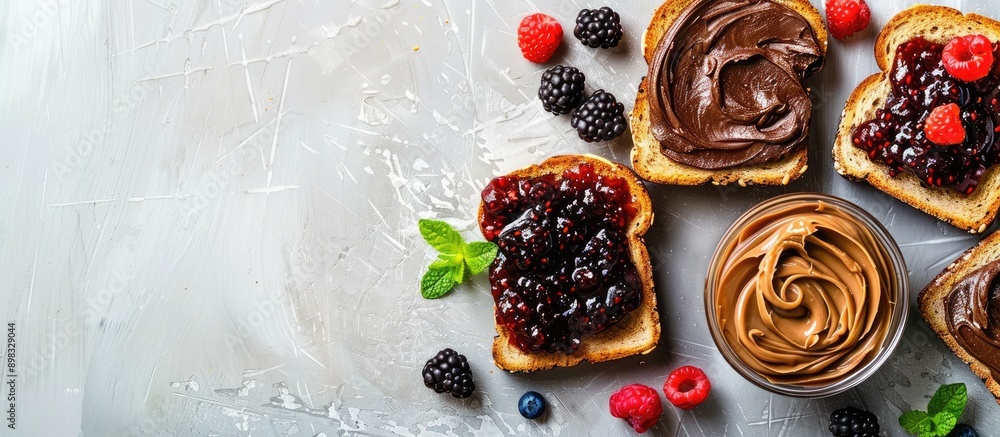 Poster Copy space image featuring chocolate butter peanut butter and berry jam topped toasts on a gray textured background