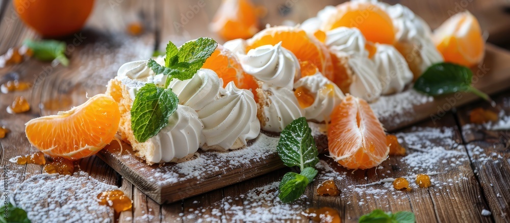 Poster Close up of a delicious meringue roll topped with jam tangerine slices and mint leaves on a rustic wooden surface ideal for a copy space image