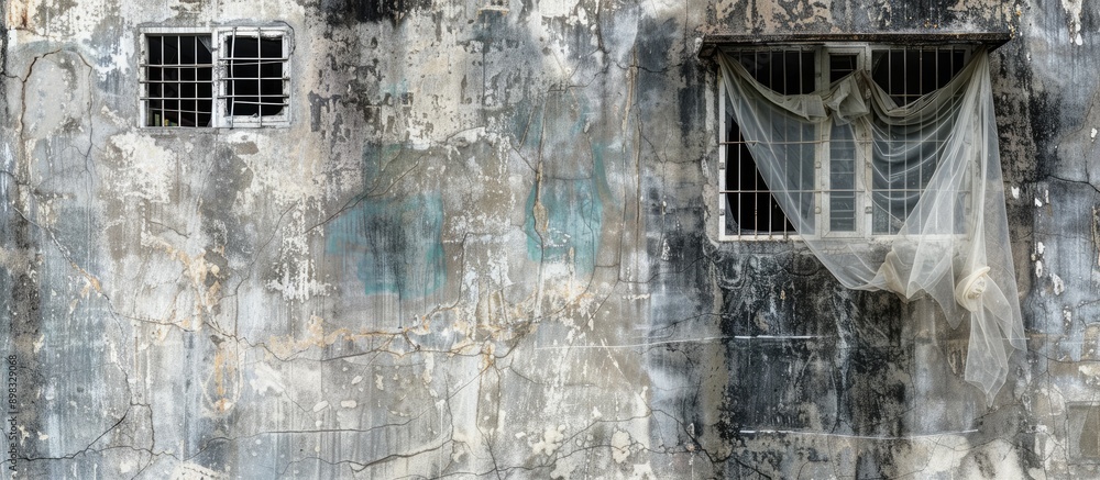 Poster authentic shot of a weathered grunge roadside concrete apartment wall in bangkok with windows and mo