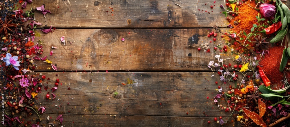 Poster colorful spices adorning a rustic wooden table with a scenic copy space image