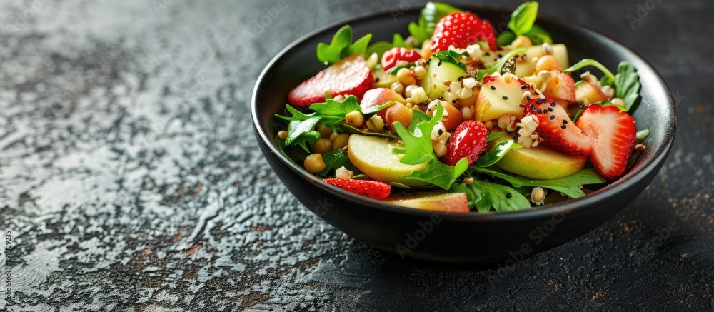 Aufkleber apple salad with strawberries buckwheat and greens in a black bowl on a dark granite surface with co
