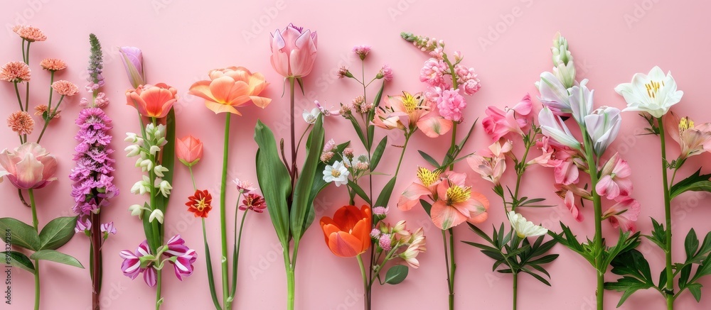 Aufkleber a flat lay arrangement of assorted lovely flowers on a pink backdrop with room for text in the copy 