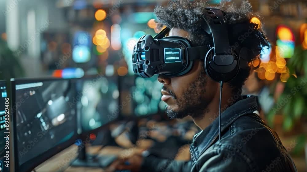 Poster a man wearing a vr headset sits at a desk with multiple computer monitors in the background. he is c