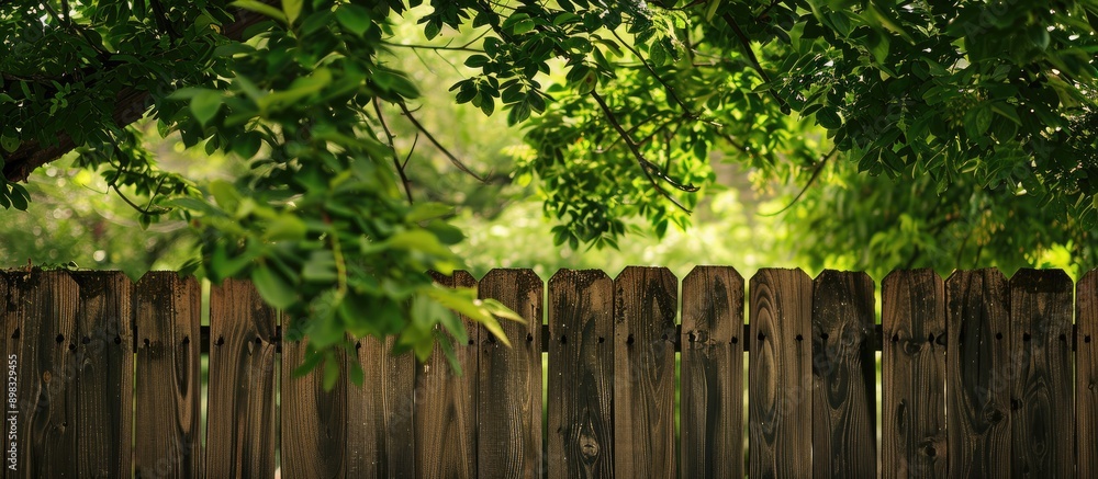 Poster during the day a weathered brown fence beneath the leafy branches of a tree provides shade with a na