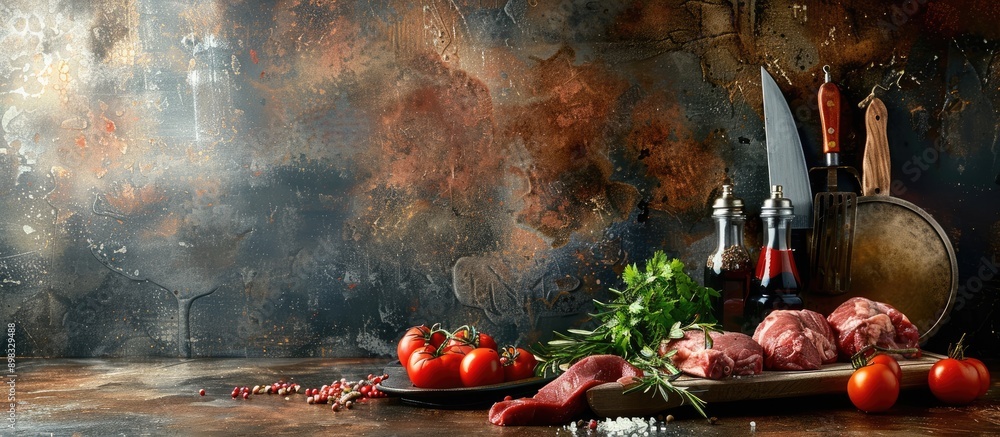 Poster cooking accessories arranged around raw meat on a kitchen table with a metallic background in a comp