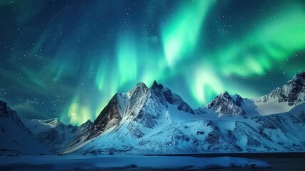 The sky is filled with auroras and the mountains are covered in snow. The scene is serene and peaceful, with the bright lights of the auroras illuminating the dark sky