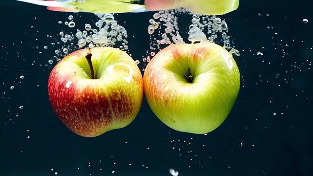 Side view of several fresh apples falling into clear water and creating water splashes.