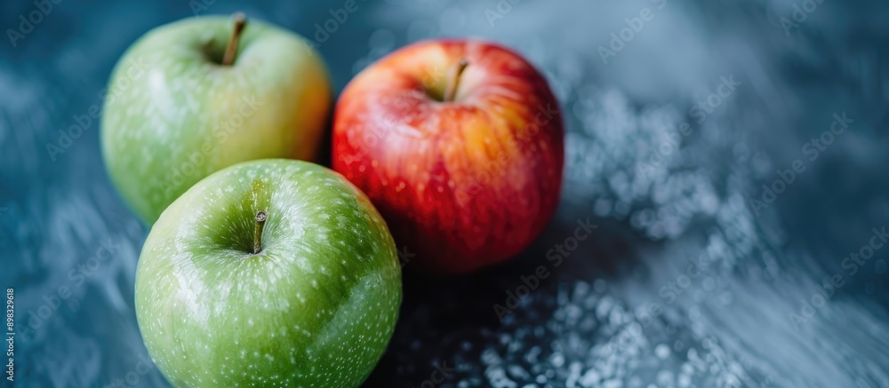 Poster close up of fresh green and red apples making a delightful and healthy vegetarian snack rich in vita