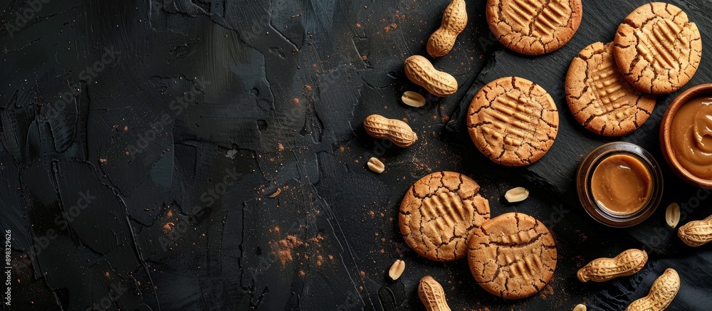 Poster black background for displaying a board of delicious peanut cookies and butter with copy space image