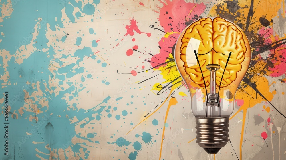 Poster a light bulb with a brain on top of it is lit up. the image has a colorful and creative feel to it, 