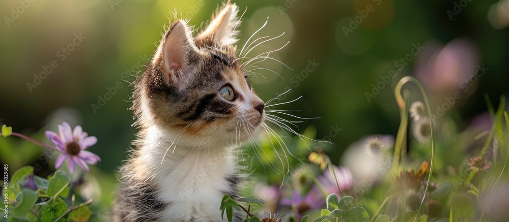 Poster a calico kitten gazing at something in the garden in a picturesque copy space image