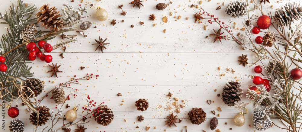 Poster christmas decor arranged on a white wooden backdrop creating a festive flat lay scene with a copy sp