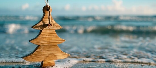 Fototapeta premium Decorative wooden Christmas tree ornament by the sea set against an ocean beach backdrop Perfect for a tropical holiday or winter getaway themed copy space image