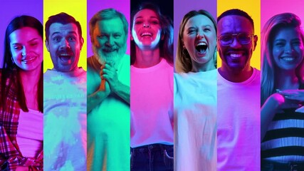 Collage made of different people, men and women of various age and nationality expressing positive excitement, happiness and joy on multicolored background in neon. Human emotions, facial expression